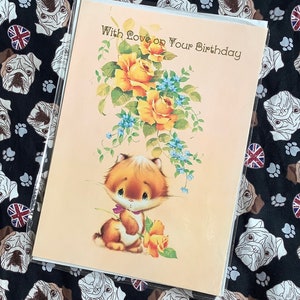 RARO Grande Verdadeiro Vintage/Retro Circa 1970s 'Com Amor no Seu Cartão de Aniversário Kitsch/Retro/Bonito Gato e Rosas Design Retro/Vintage/Cartão Amante de Gatos