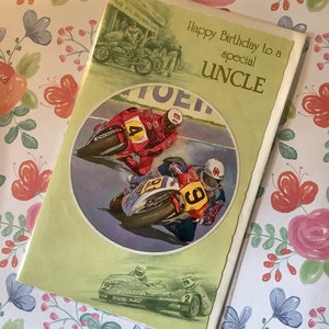 Carte vintage/rétro des années 1980 sur le thème « Joyeux anniversaire à un oncle spécial » sur le thème de la moto - moto/moto, oncle