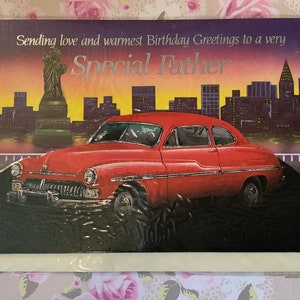 FABELHAFTE Vintage/Retro Circa 1980er Jahre 'Vater' Geburtstagskarte mit einem roten Mercury American Car Design - Ford Motor Company - Autofan Vater