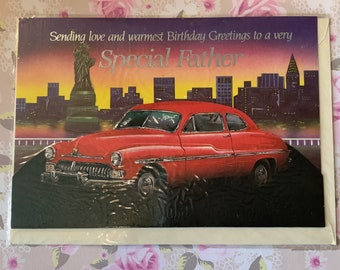 FABULEUSE carte d'anniversaire « père » vintage/rétro des années 1980, voiture américaine rouge Mercury & design New York Skyline - Ford Motor Company - amateur de voitures