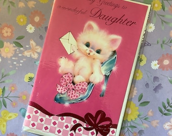 RARE Circa 1980s Vintage Unused 'Birthday Greetings To A Wonderful Daughter' Super Cute/Retro Card With Cat Sat In a High-Heeled Shoe Design