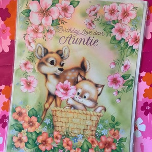 Raro grande verdadeiro vintage por volta de 1970 aniversário amor querida tia cartão ADORÁVEL gato, cervo e design floral - cartão nostálgico - verso doce - kitsch