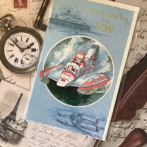 RARE vintage/Retro Circa 1980s Powerboat Themed 'Happy Birthday To A Dear Son' Card - Speedboat Lover - Retro Loving Son - Simple Greeting