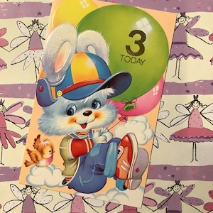 SELTENE Vintage / Retro Circa 1970er Jahre '3 Today' Geburtstagskarte mit ADORABLE Kaninchen mit Luftballons und Robin Design -Sweet Verse -3 Jahre alte Jungenkarte