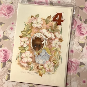 Carte de 4e anniversaire vintage extrêmement RARE vers les années 1980 - Belle petite souris Gillian Holmes-Clarke et design floral - Une carte à chérir