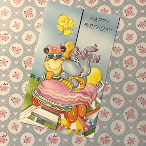 Zeldzame vintage kaart uit de jaren 80 'Happy Birthday' uitgesneden voorkant - Dieren in een achtbaan Ontwerp door Ken - Binnenin versierd - Eenvoudige groet