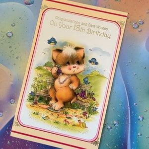 Cartão vintage raro por volta dos anos 1970 'Parabéns e votos de felicidades pelo seu 18º aniversário' com design fofo e kitsch de gatos e pássaros azuis - Saudação doce