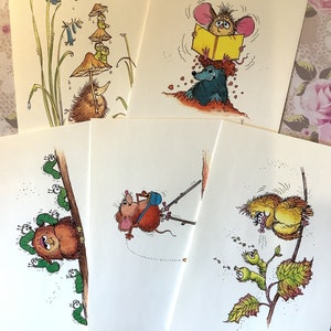 RARE Vintage Circa 1970er Jahre Fünferpack 'Misty Wood Mischief' Blanko-Karten und Umschläge - Nostalgische humorvolle Karten mit Tiermotiven - Retro-Karten
