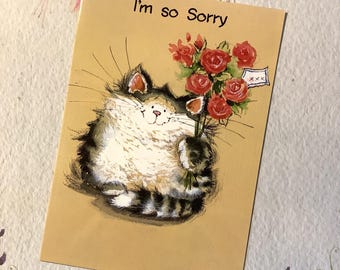 Zeldzame vintage jaren '90 'I'm so Sorry'-kaart - AANBIDDELIJKE kat met een rozenboeket ontwerp van Margaret Sherry - binnenkant versierd - kaart kattenliefhebber