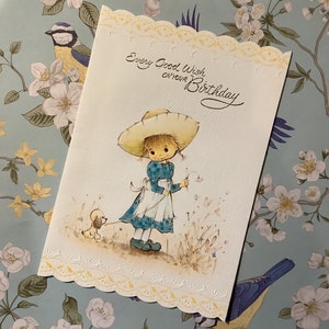 ZELDZAME retro/vintage kaart 'Elke goede wens op je verjaardag' uit circa jaren 1970 - schattig klein 'Holly Hobbie'-stijl ontwerp voor meisje en hond - vintage minnaar