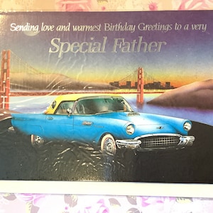 FABULOSO cartão de aniversário vintage/retro por volta dos anos 80 do 'pai' apresentando um design de carro americano Ford Thunderbird/T-Bird azul - pai amoroso de carro