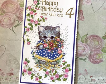 RARE Vintage Circa 1970s 4th Birthday Card - ADORABLE Dressed Cat and Pretty Floral Design - Sweet Verse Inside -Traditional, Nostalgic Card