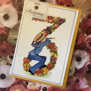 Extrem seltene Vintage Circa 1970er Jahre 3. Geburtstagskarte - Schöne Hilary Jarvis Design eines Obst bedeckt Nummer 3 & süße Junge in einem Matrosenanzug