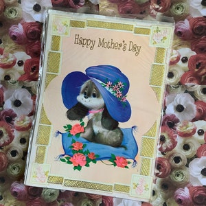 Grande carte « Happy Mother's Day » RARE et superbe design vintage/rétro des années 1970 - Conception de chien kitsch mignon - Carte de maman amant rétro - vers doux