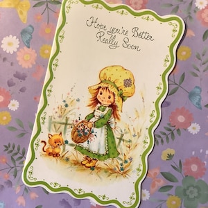 Tarjeta vintage rara de la década de 1970 con el mensaje "Espero que te mejores muy pronto" - Diseño de chica estilo "Holly Hobbie" - Verso dulce de amiga cariñosa vintage