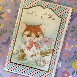 RARE carte vintage des années 1980 « Special Birthday Love Mum » - Design mignon chat et souris - carte Kitsch/vintage/Cat Loving Mum - vers doux