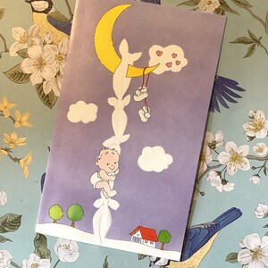 SELTENE Vintage/Retro circa 1980s 'neue Baby Jungen Karte - super süßes Baby klettert bis zum Mond Design - Vintage Liebhaber Karte - einfache Begrüßung