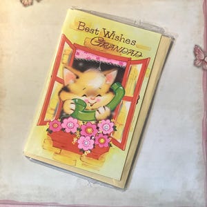 RARO cartão de aniversário retrô vintage da década de 1970 "Melhores desejos para o vovô" - Design fofo de gato ao telefone - Cartão divertido e nostálgico para quem ama gatos