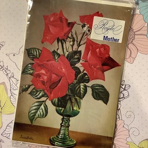 Conception de carte d'anniversaire/fête des mères extrêmement RARE vintage des années 1960 à partir d'une peinture de James Noble (1919-1989) - SUPERBE nature morte à la rose