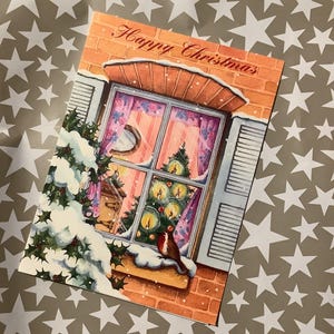 ZELDZAME vintage kerstkaart 'Happy Christmas' in traditionele stijl uit de jaren 70 met kerstraamontwerp en lief, sentimenteel vers erin