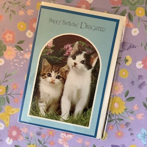RARE Vintage Circa 1960s 'Happy Birthday Daughter' Cute Kitten & Floral Photo Card - Cartão nostálgico -Gato/Retro Loving Daughter -Sweet Verse