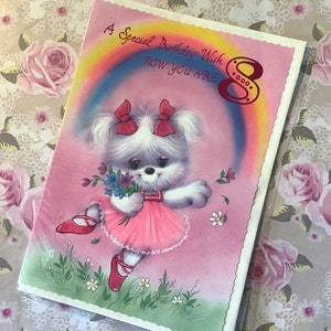 ZELDZAME Vintage/Retro jaren 1980 'Een speciale verjaardagswens nu je 8 bent' SCHATTIG Ballet Dancing Dog Design - Zoet Vers - Nostalgische Verjaardagskaart
