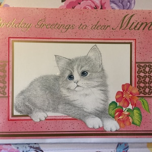 RARO biglietto d'auguri vintage degli anni '80 circa "Auguri di compleanno alla cara mamma" - Grazioso disegno floreale e gatto - Versetto dolce - Gatto/Vintage/Mamma amante della nostalgia