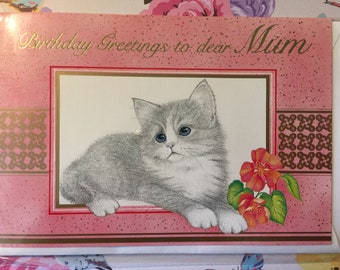 RARE Vintage Circa 1980s 'Birthday Greetings to dear Mum' Card - Cute Cat and Floral Design  - Sweet Verse -Cat/Vintage/Nostalgia Loving Mum