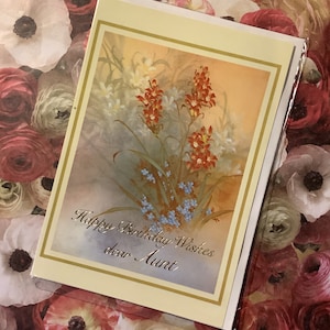 Cartão RARO vintage/retro por volta de 1970 'Feliz aniversário deseja querida tia' - Design floral deslumbrante - Cartão vintage/retro/nostalgia de tia amorosa
