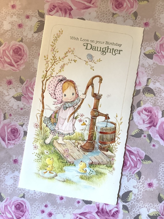 RARE Retro/Vintage Circa 1970s 'With Love on your Birthday Daughter' Card Designed by Anneliese - Cute 'Holly Hobbie' Style Girl Design