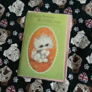 UITERST zeldzame ongebruikte vintage ongeschreven kaart 'A Happy Birthday Mother Dear' uit circa jaren 1960 - Kitsch White Cat Design - Zoet vers - nostalgie