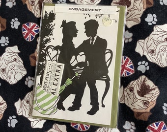 RARE Vintage Circa 1990s 'Engagement' Card -Old Fashioned Silhouette of a Couple sat on a Bench Design - Newspaper in Handbag with Message