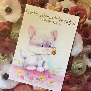 Raro biglietto d'auguri vintage/retrò circa anni '80 'Per te nipote buon compleanno' con simpatico/kitsch gatto e calabrone design - dolce verso - nostalgia