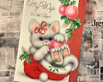 RARE Vintage Circa 1980s Wife Christmas Card - ADORABLE, White Cat sat in a Santa Hat Design  - Sweet Verse Inside - Cat Lover Wife Card