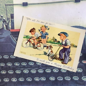 EXTREM SELTENE Vintage Geburtstagskarte aus den 1940er Jahren von Thomas Henry - niedliches Design für Jungen, Mädchen und Hunde mit süßen Versen im Inneren