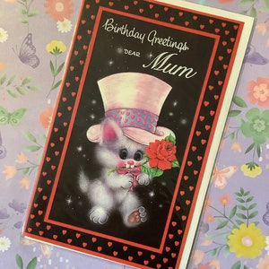 Vintage Circa 1970 'Birthday Greetings Dear Mum' Card - Cute Cat in a Pink Hat Design con Heart Border -Kitsch/Vintage/Cat Loving Mum Card