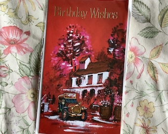 VERY RARE Vintage Circa 1960s ‘Birthday Wishes’ Card with Kitsch, Retro Classic Car and Pub Design - Simple Greeting inside - Nostalgic Card