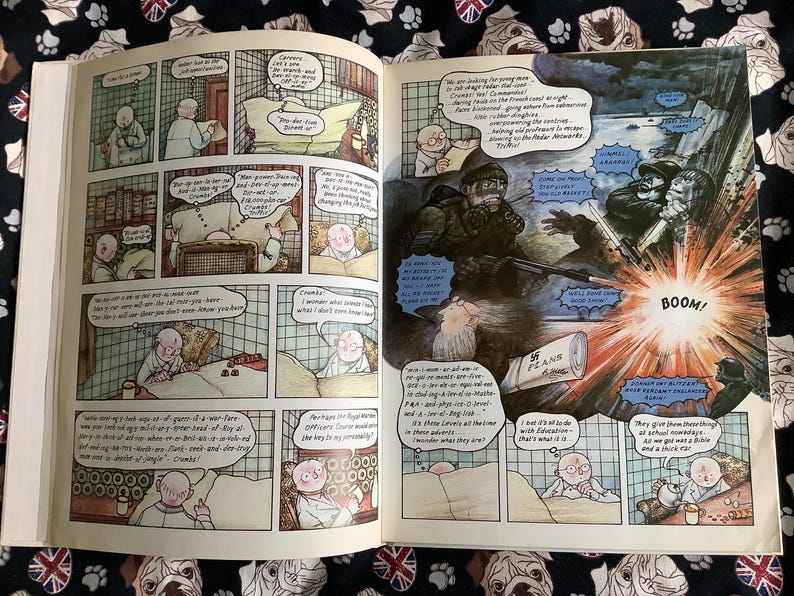 Puede incluir: Un libro de historietas abierto con paneles de c&oacute;mic. Las ilustraciones son de estilo vintage, con una paleta de colores apagados. Los paneles representan escenas con personajes en varios escenarios, incluyendo un dormitorio y una escena de guerra. Las burbujas de di&aacute;logo contienen texto.