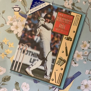 Biglietto vintage/retrò, inutilizzato, circa anni '90, con foto a tema cricket, "Per una felice festa del papà con amore", con versi dolci all'interno, amante del cricket