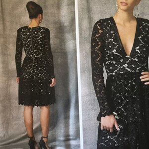 Pu&ograve; includere: Un abito nero in pizzo con scollo a V profondo e maniche lunghe. L'abito ha un corpetto aderente e una gonna svasata. L'abito &egrave; mostrato su una modella con una pochette nera. Il cartamodello &egrave; per le taglie 14-16-18-20-22. Il cartamodello &egrave; di Nicola Finetti per Vogue Patterns.