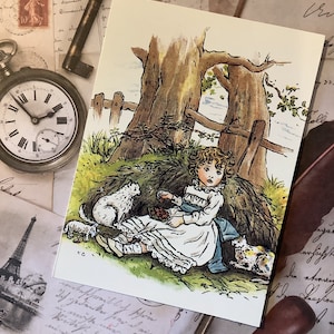SCHITTERENDE Vintage 1997 'Kate Greenaway' Design Blank Greetings Card Pretty Children's Book Style Illustratie van een klein meisje -Card To Frame