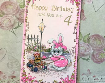 RARE Vintage Circa 1970s 4th Birthday Card - ADORABLE Kitsch, Dressed Rabbit & Cat Design - Sweet Verse Inside - Traditional, Nostalgic Card