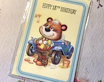 RARE Vintage Circa 1970s 'Happy 18th Birthday' Card - Kitsch/Super Cute Retro Dressed Bear Washing a Classic Car & Bird Design - Retro Fan