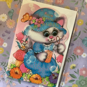 Raro e splendido biglietto vintage inutilizzato degli anni '70 "Happy Birthday Super Gran" - Design simpatico gatto - Versetto dolce - Gatto/Retrò Loving Super Gran