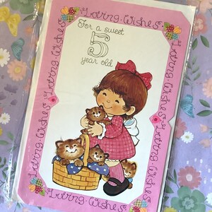 RARE Vintage / Retro Circa 1980s 'For a sweet 5 year old' Tarjeta de cumpleaños para una niña en su 5º cumpleaños - ADORABLE Girl & Kittens Design