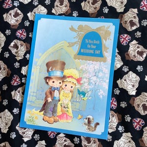 SELTENE Vintage/Retro circa 1970s 'To You Beide an Ihrem Hochzeitstag' Große A4 Größe Karte ADORABLE Braut, Bräutigam, Welpe & Bluebird Design Nostalgie
