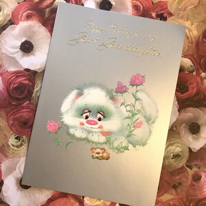 RARE carte vintage des années 1980 « Joyeux anniversaire à mon arrière-petite-fille » - design kitsch/rétro chien, souris et roses roses - carte vers doux