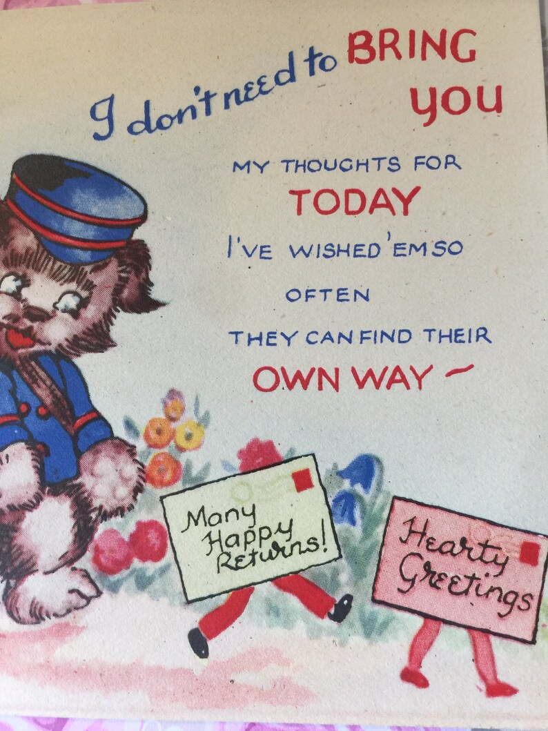 EXTREMELY RARE Circa 1940s Signed Vintage Four-fold Birthday Card Collectable Mia Card Sweet Verse Cute Dog Design Decorated Inside