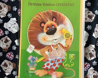 RARE Large True Vintage Circa 1970s 'Birthday Wishes Grandad' Card with Super Retro & Kitsch Lion and Mouse Design - A Fun Nostalgic Card