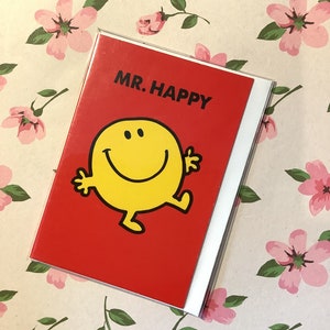 Retro 'Mr Happy' niedliche kleine leere Karte In Original Cellophan mit Umschlag - Mr Men Lover Card - Nostalgische Karte - Fun Karte für einen Mr Happy Fan